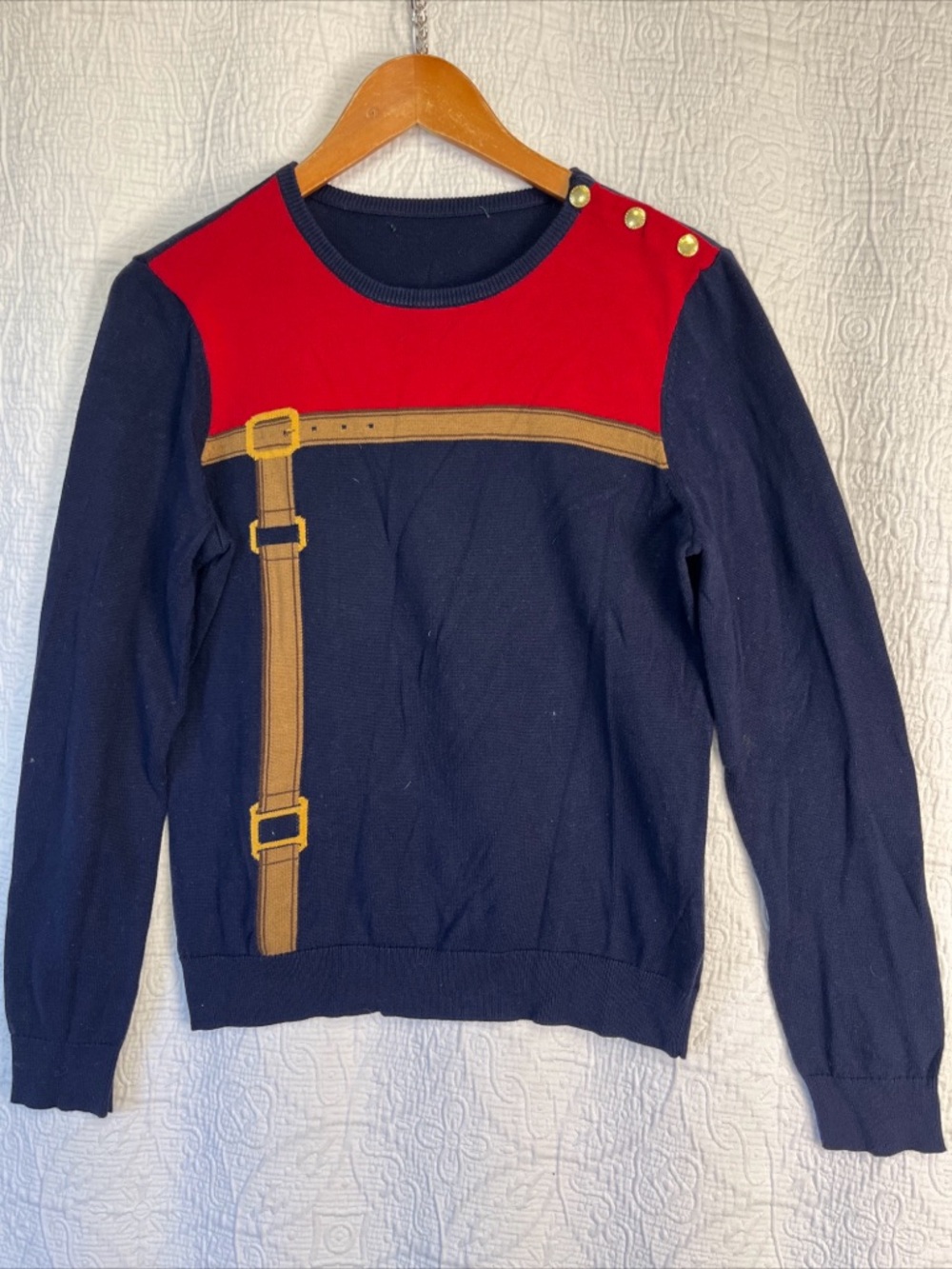 Lauren Ralph Lauren Equestrian Belt Buckle Sweater Women Small Navy Red Cotton